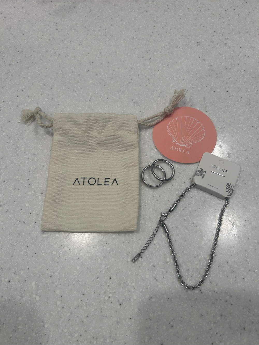 Atolea Silver Chain Anklet & Rings Set with Cream Drawstring Pouch